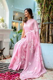 Bloomveil Blush (Handpainted Georgette Saree in Pink)