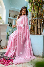 Bloomveil Blush (Handpainted Georgette Saree in Pink)