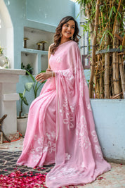 Bloomveil Blush (Handpainted Georgette Saree in Pink)