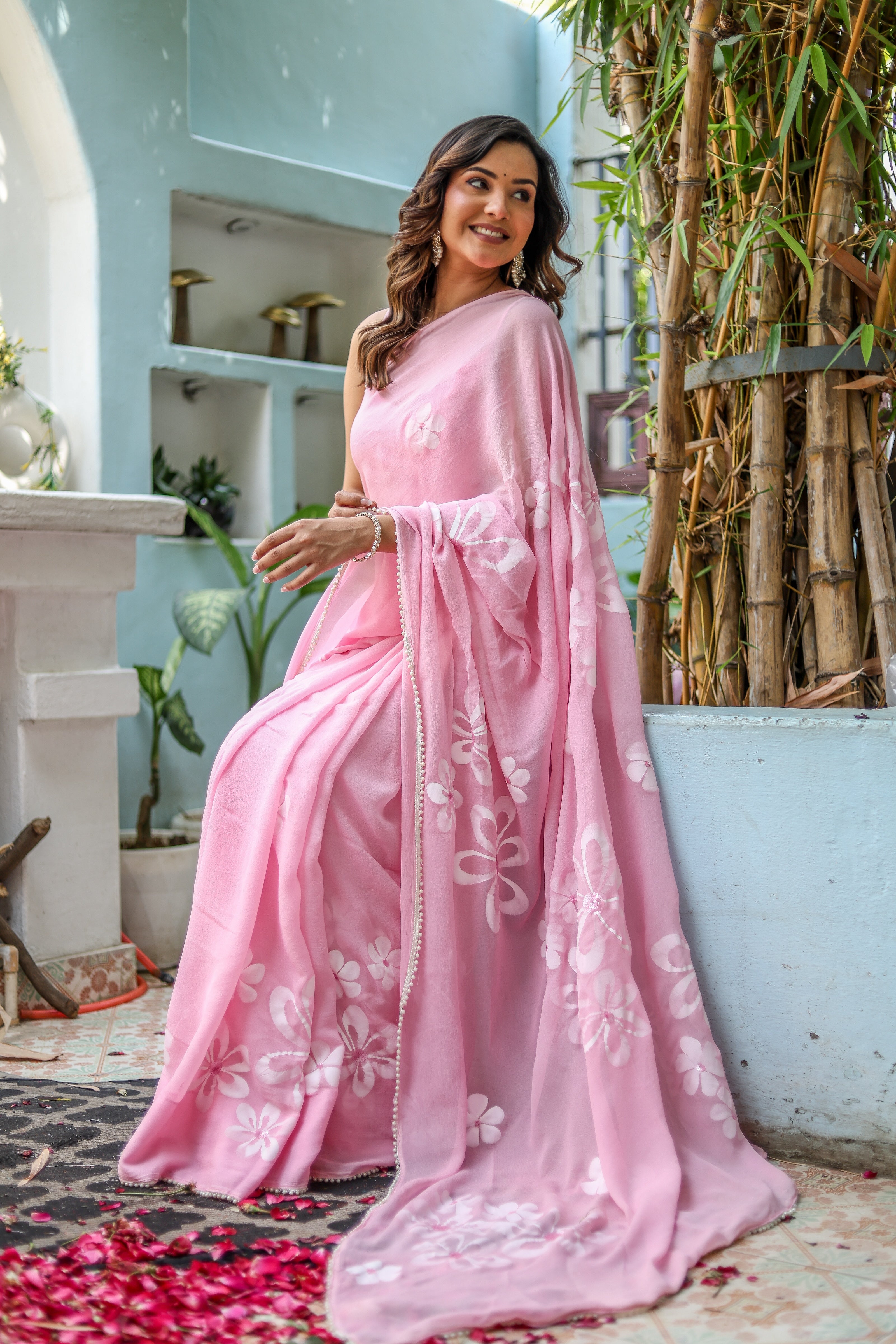 Bloomveil Blush (Handpainted Georgette Saree in Pink)