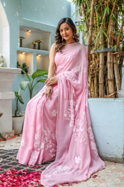 Bloomveil Blush (Handpainted Georgette Saree in Pink)