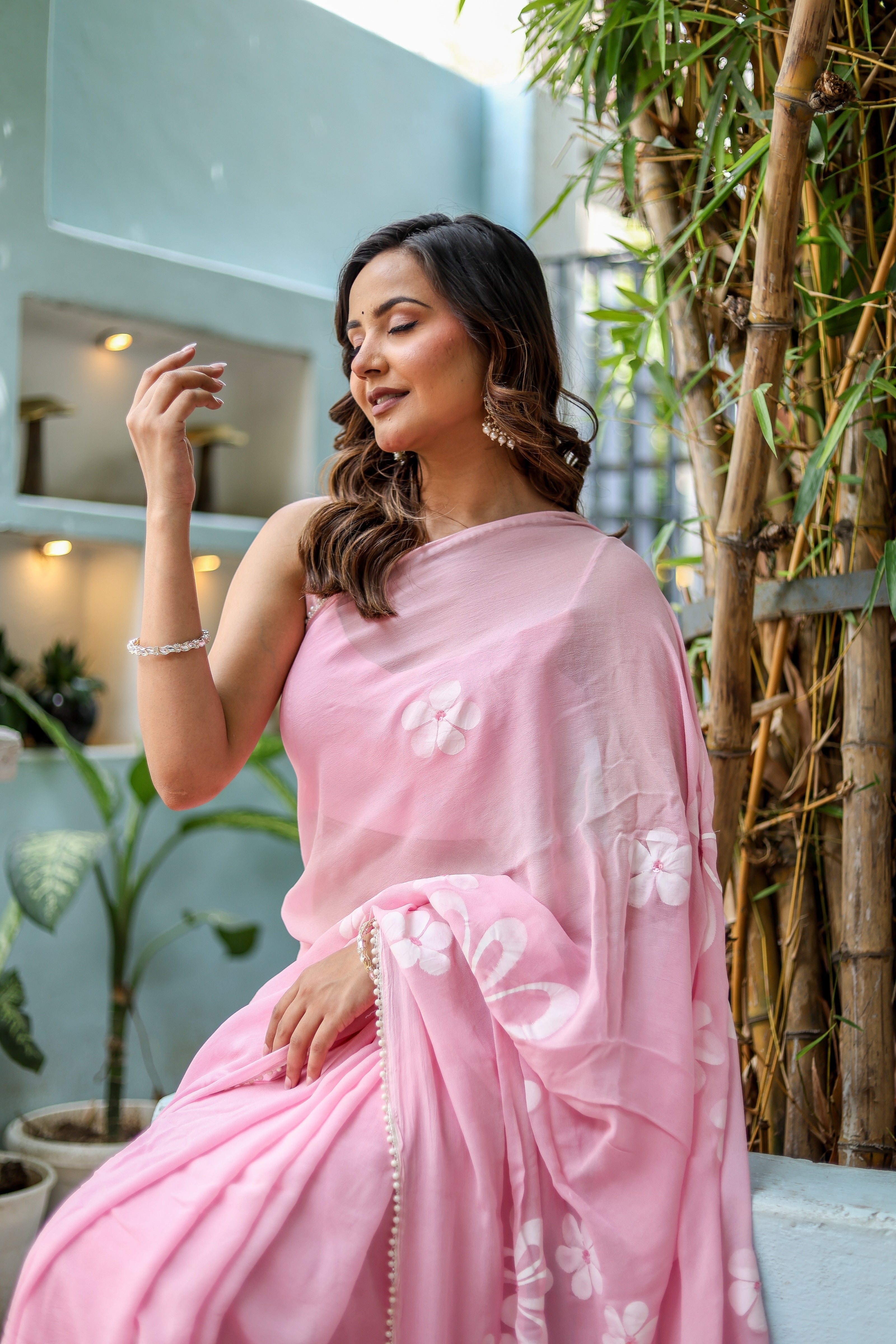 Bloomveil Blush (Handpainted Georgette Saree in Pink)