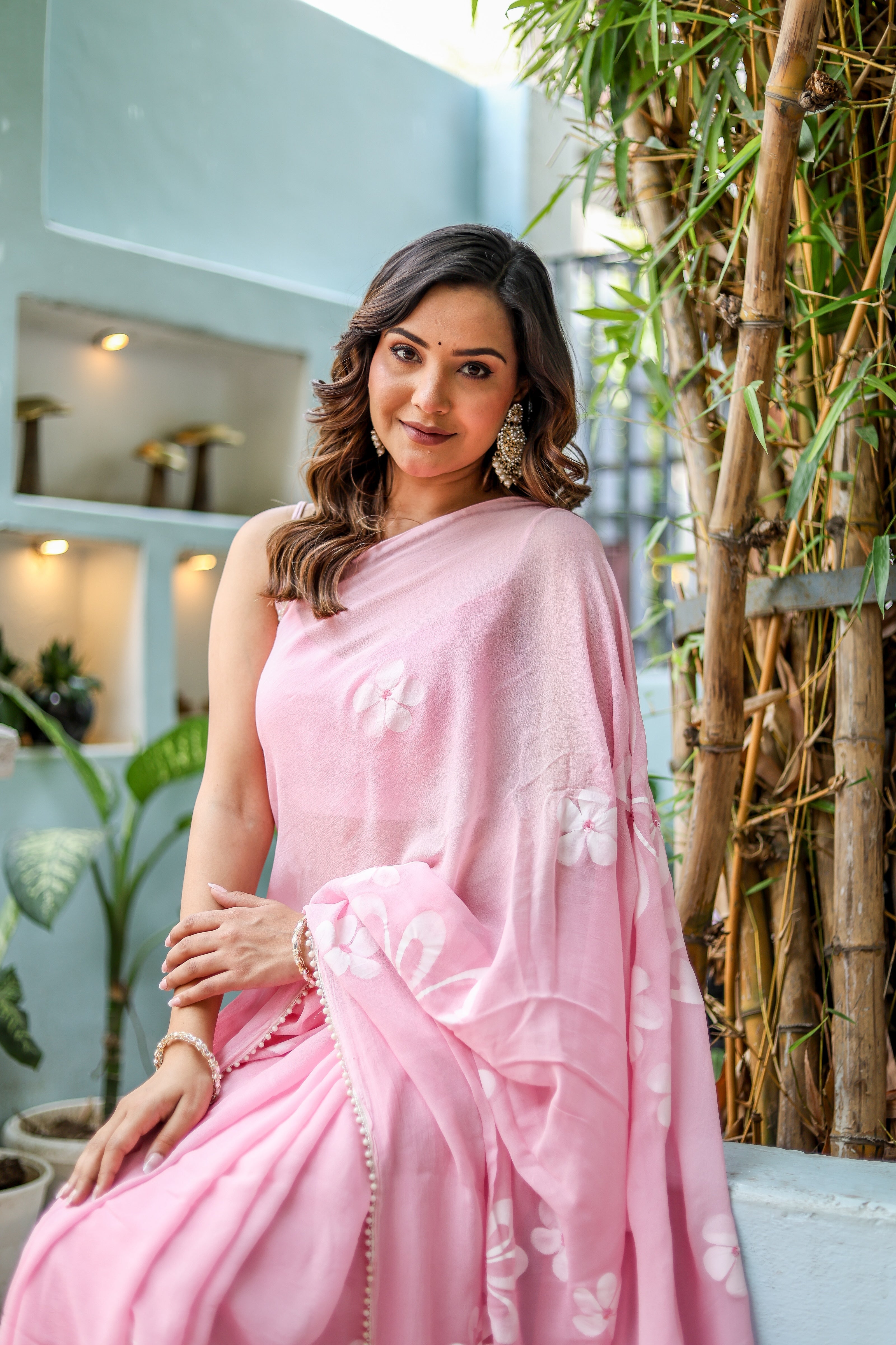 Bloomveil Blush (Handpainted Georgette Saree in Pink)