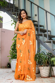 Golden Haze Bloom (Handpainted Orange Pure Chiffon Saree)
