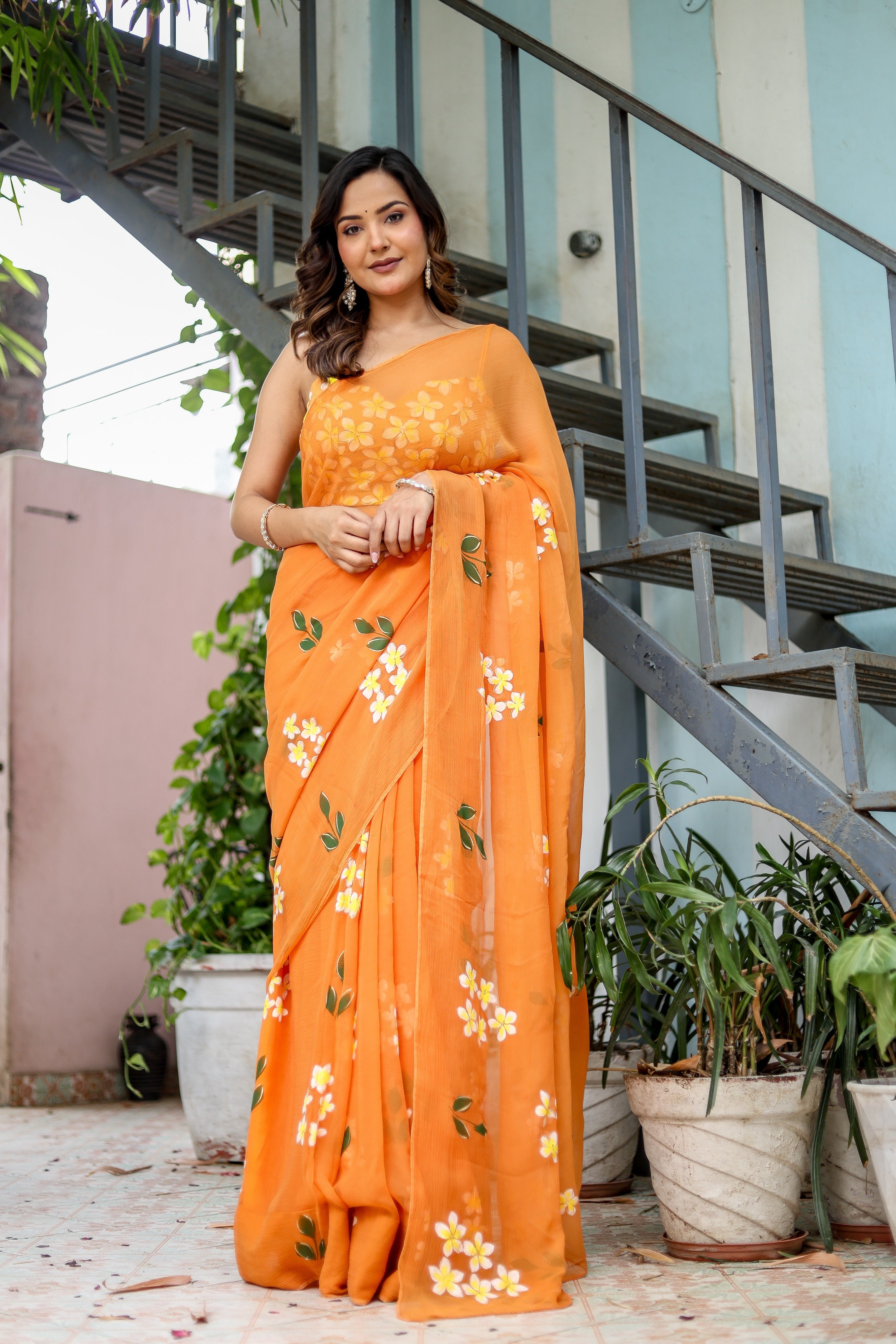 Golden Haze Bloom (Handpainted Orange Pure Chiffon Saree)