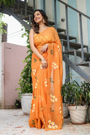 Golden Haze Bloom (Handpainted Orange Pure Chiffon Saree)