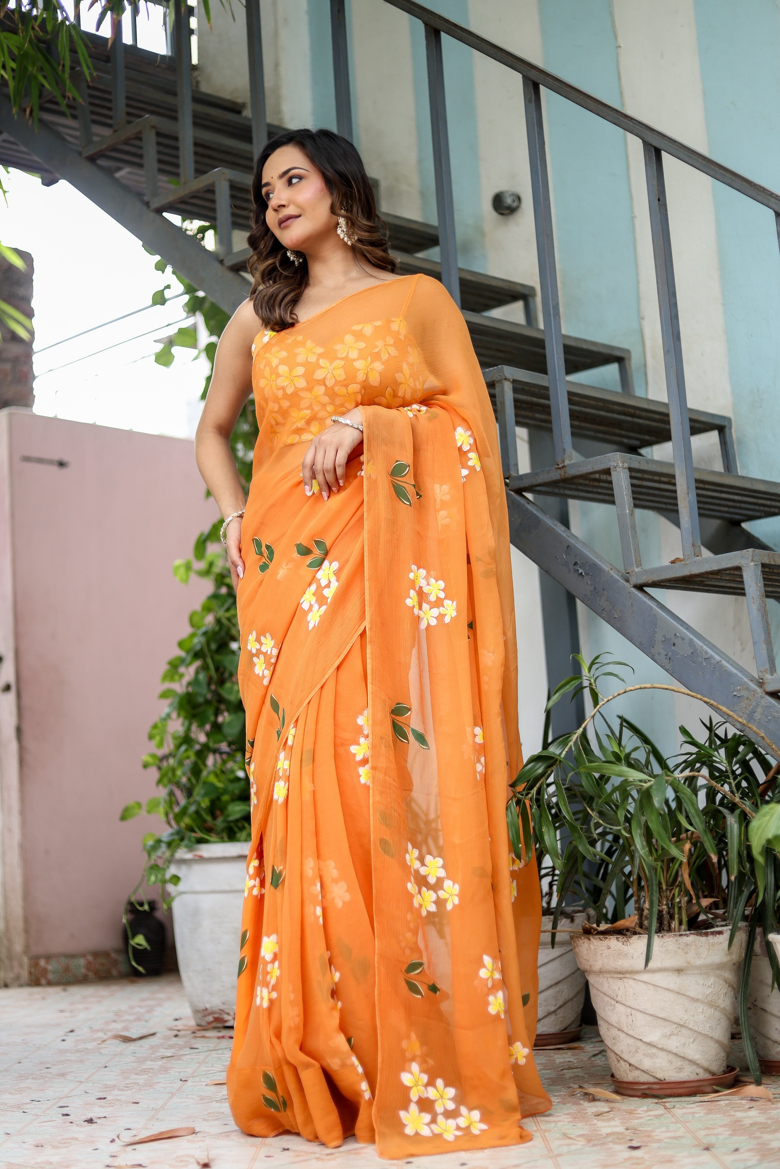 Golden Haze Bloom (Handpainted Orange Pure Chiffon Saree)