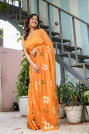 Golden Haze Bloom (Handpainted Orange Pure Chiffon Saree)