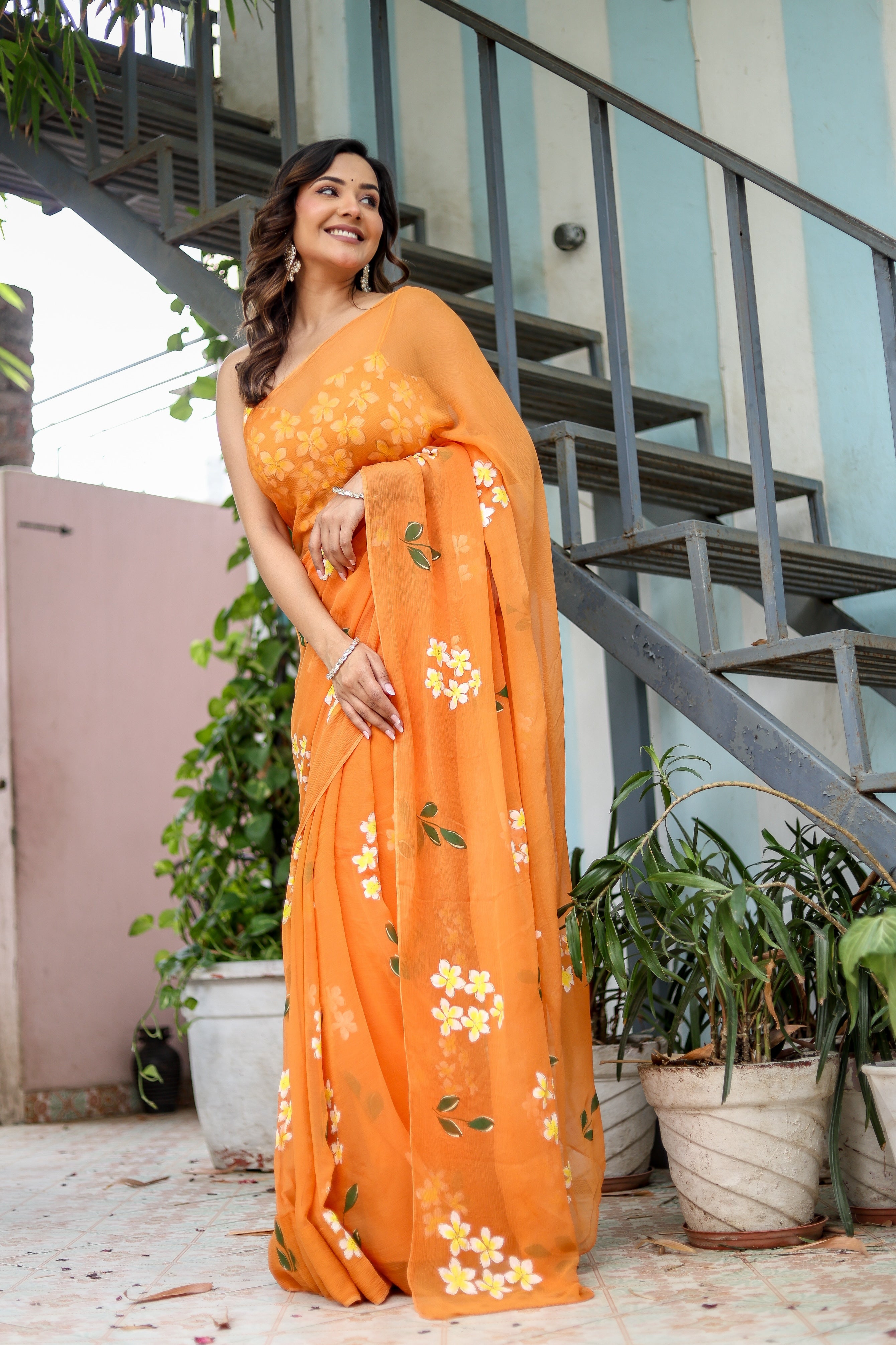 Golden Haze Bloom (Handpainted Orange Pure Chiffon Saree)
