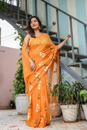 Golden Haze Bloom (Handpainted Orange Pure Chiffon Saree)