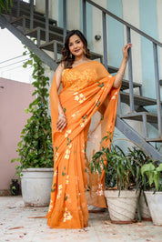 Golden Haze Bloom (Handpainted Orange Pure Chiffon Saree)