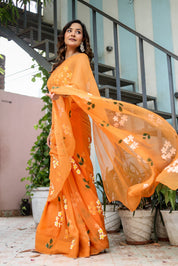 Golden Haze Bloom (Handpainted Orange Pure Chiffon Saree)