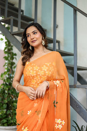 Golden Haze Bloom (Handpainted Orange Pure Chiffon Saree)