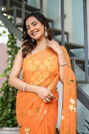 Golden Haze Bloom (Handpainted Orange Pure Chiffon Saree)