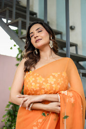 Golden Haze Bloom (Handpainted Orange Pure Chiffon Saree)