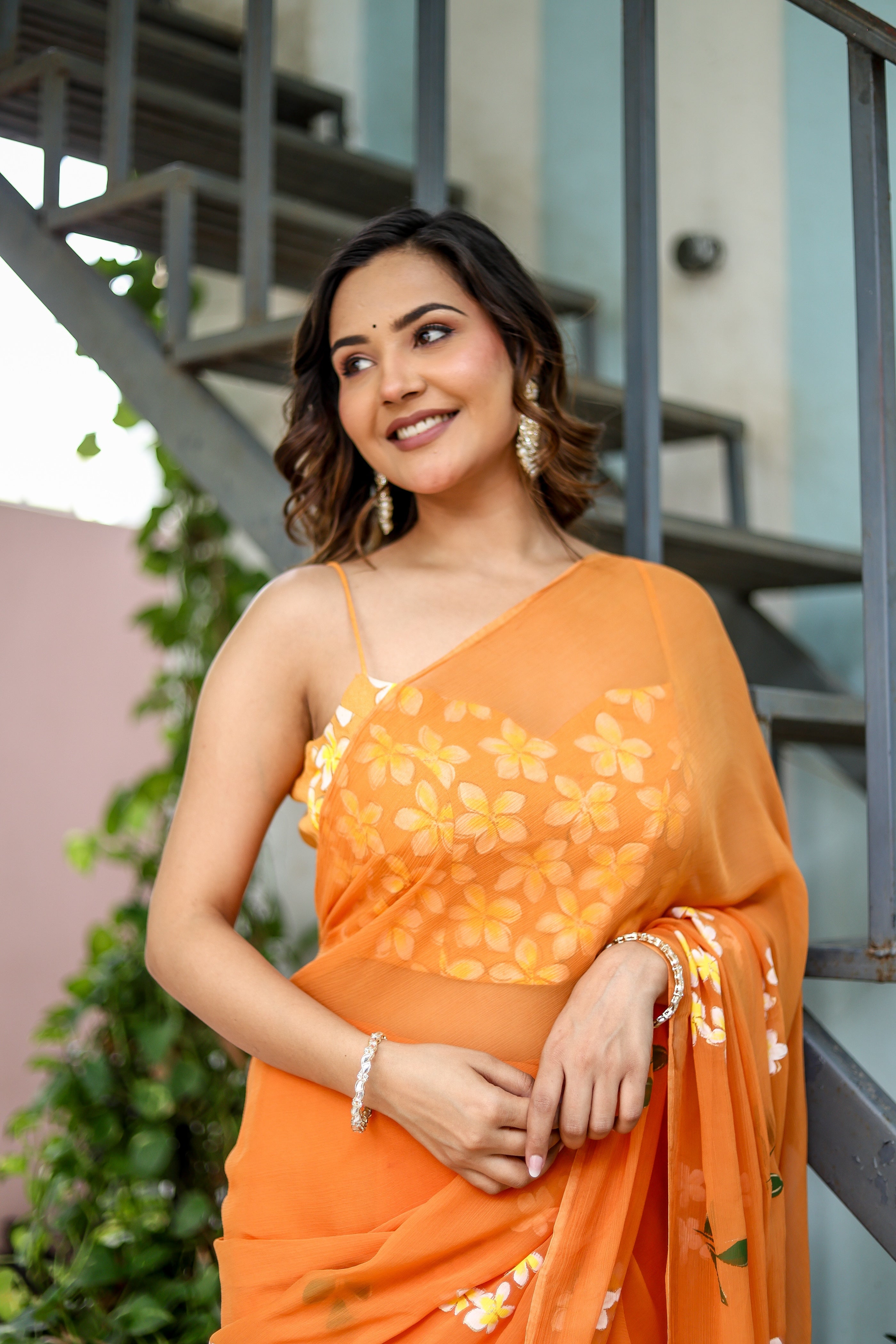 Golden Haze Bloom (Handpainted Orange Pure Chiffon Saree)