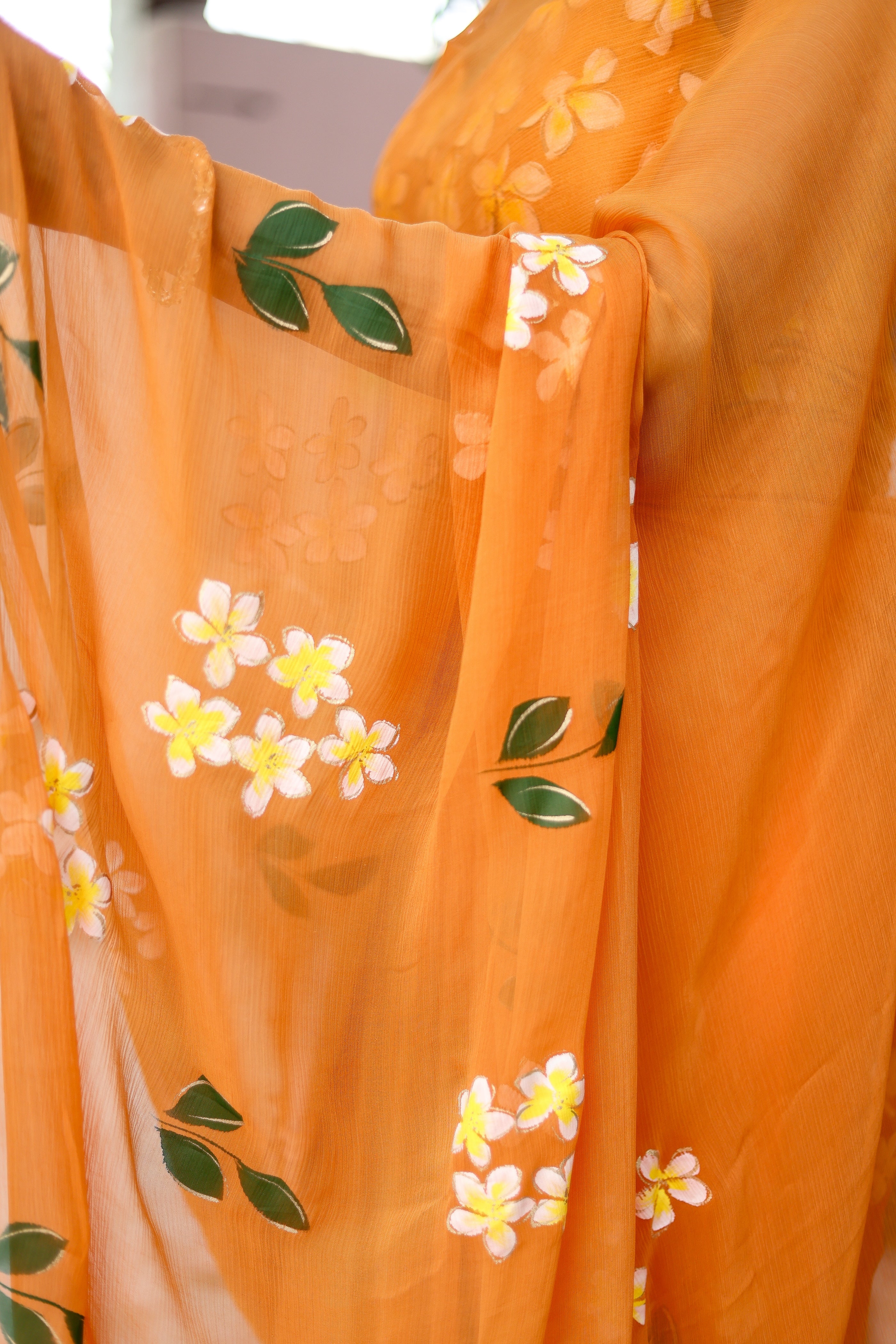 Golden Haze Bloom (Handpainted Orange Pure Chiffon Saree)