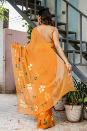 Golden Haze Bloom (Handpainted Orange Pure Chiffon Saree)