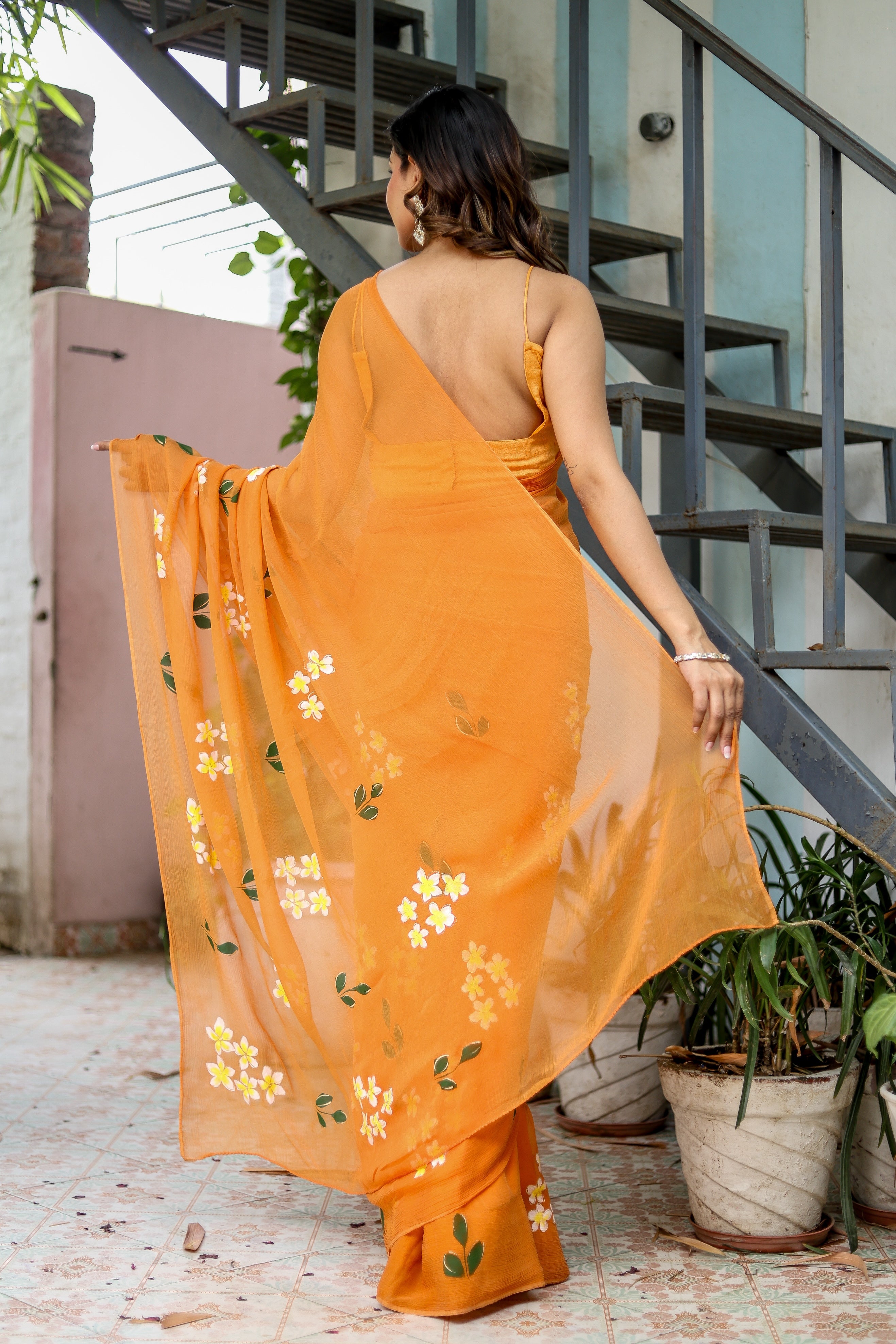 Golden Haze Bloom (Handpainted Orange Pure Chiffon Saree)