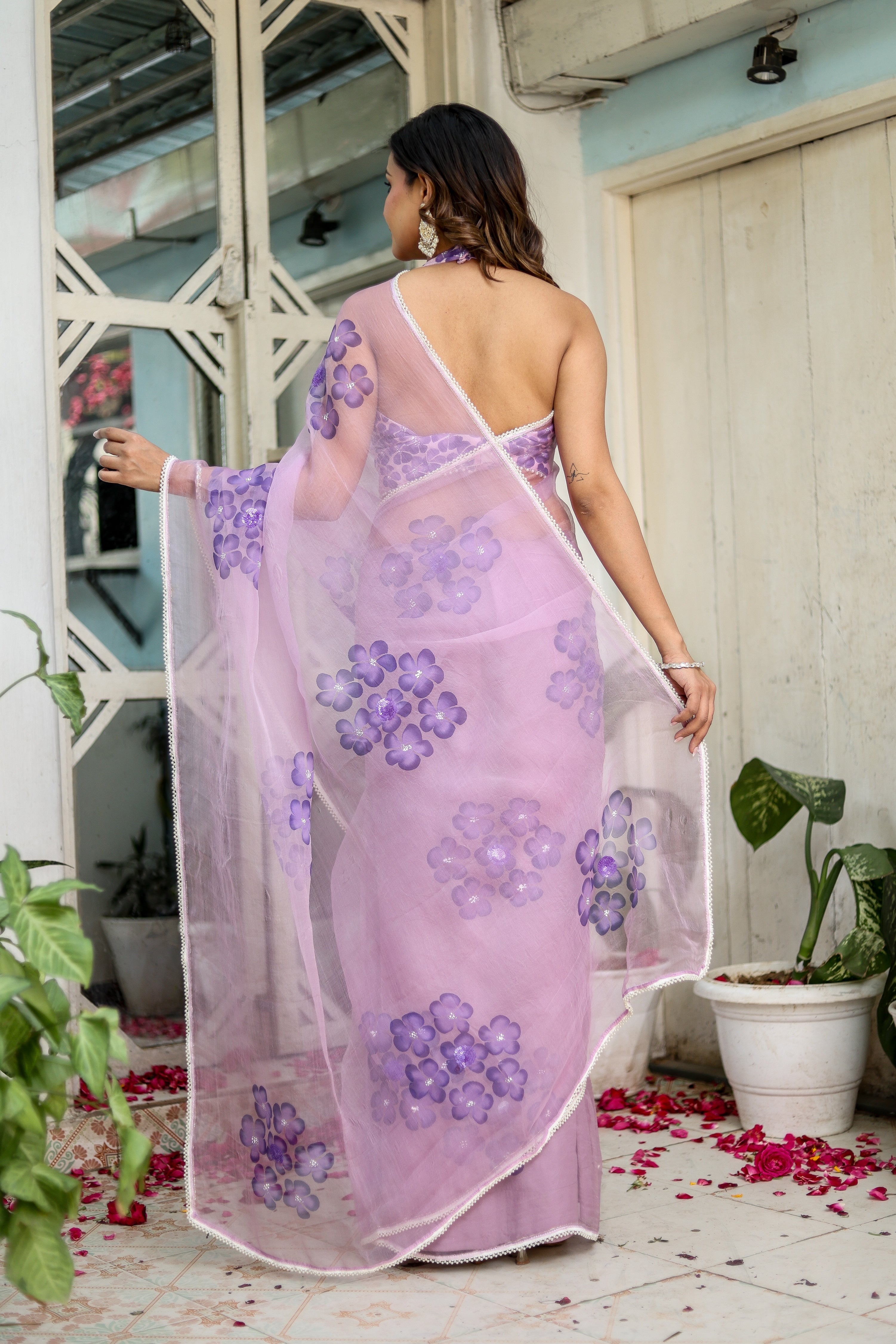 Orchid Aura (Pure Organza Handpainted Purple Saree)