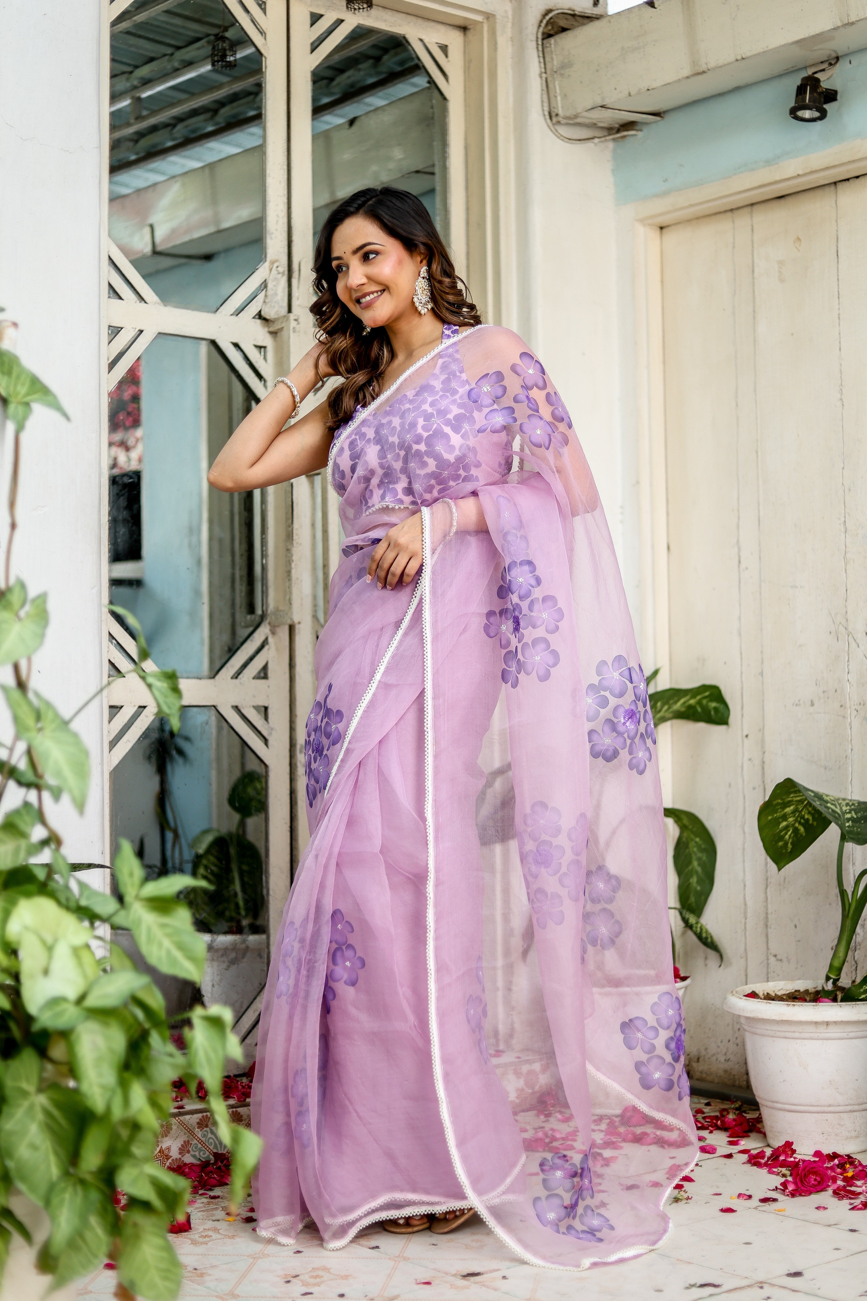 Orchid Aura (Pure Organza Handpainted Purple Saree)