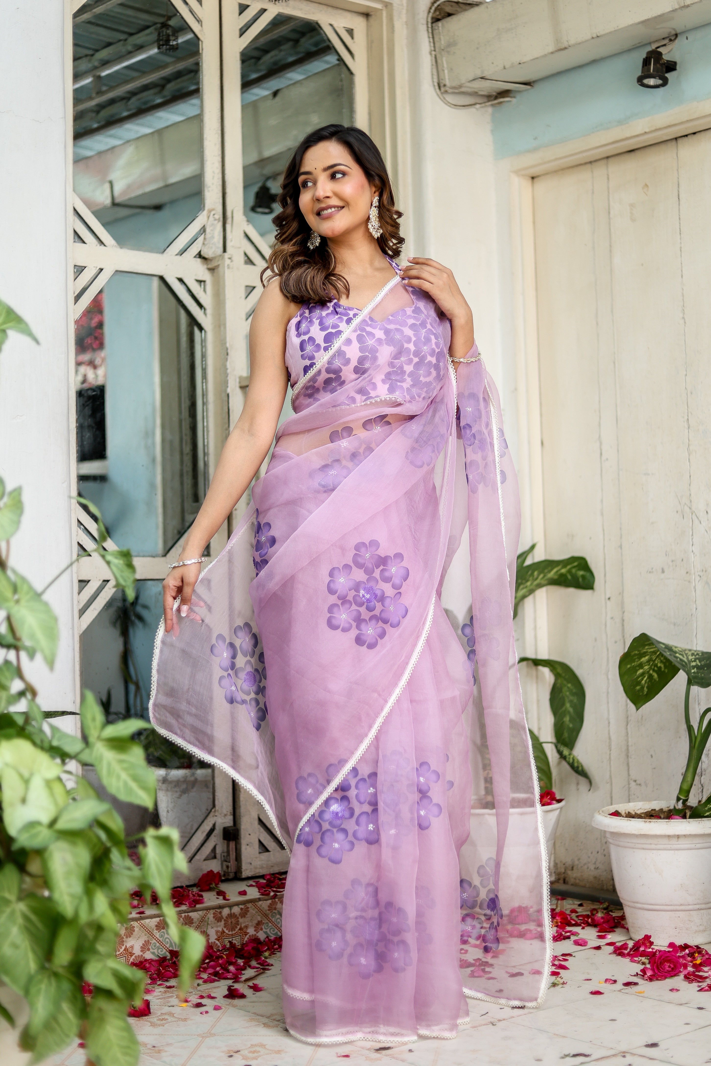 Orchid Aura (Pure Organza Handpainted Purple Saree)