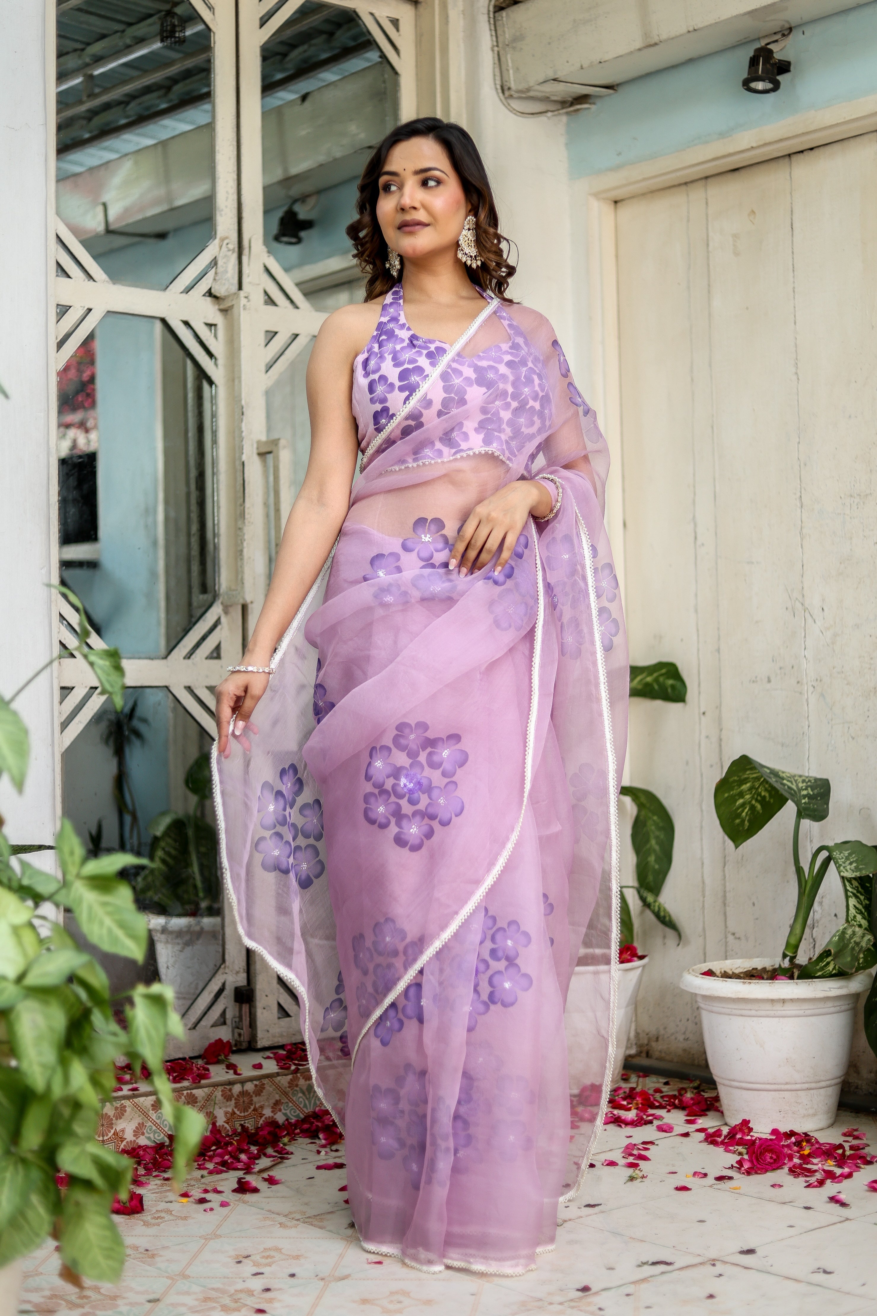 Orchid Aura (Pure Organza Handpainted Purple Saree)