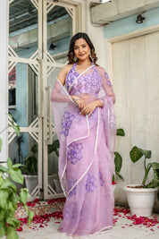Orchid Aura (Pure Organza Handpainted Purple Saree)