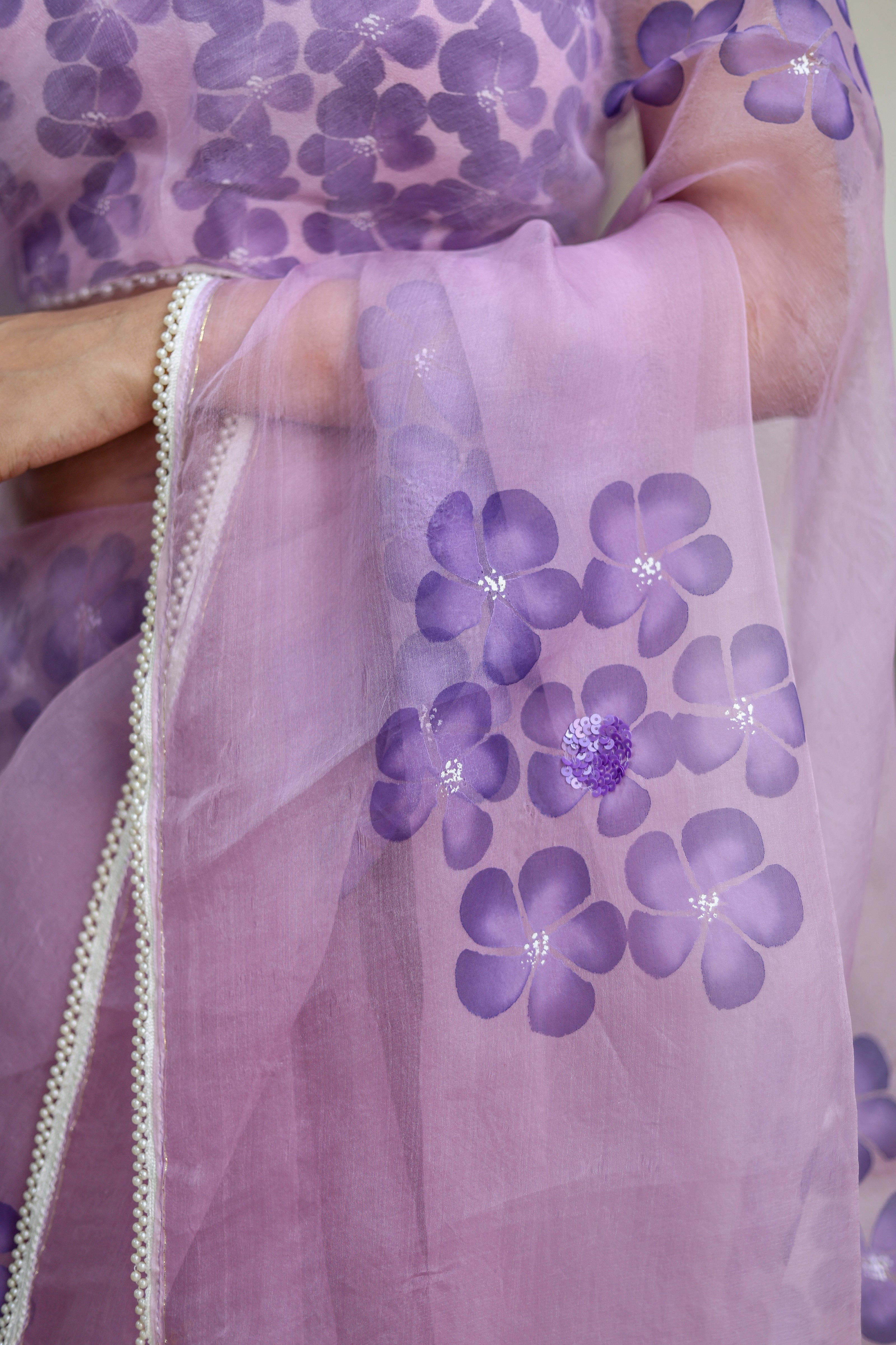 Orchid Aura (Pure Organza Handpainted Purple Saree)