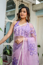 Orchid Aura (Pure Organza Handpainted Purple Saree)