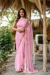 Blush Blossom (Pure Chiffon Hand Painted Saree)