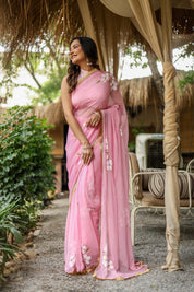 Blush Blossom (Pure Chiffon Hand Painted Saree)