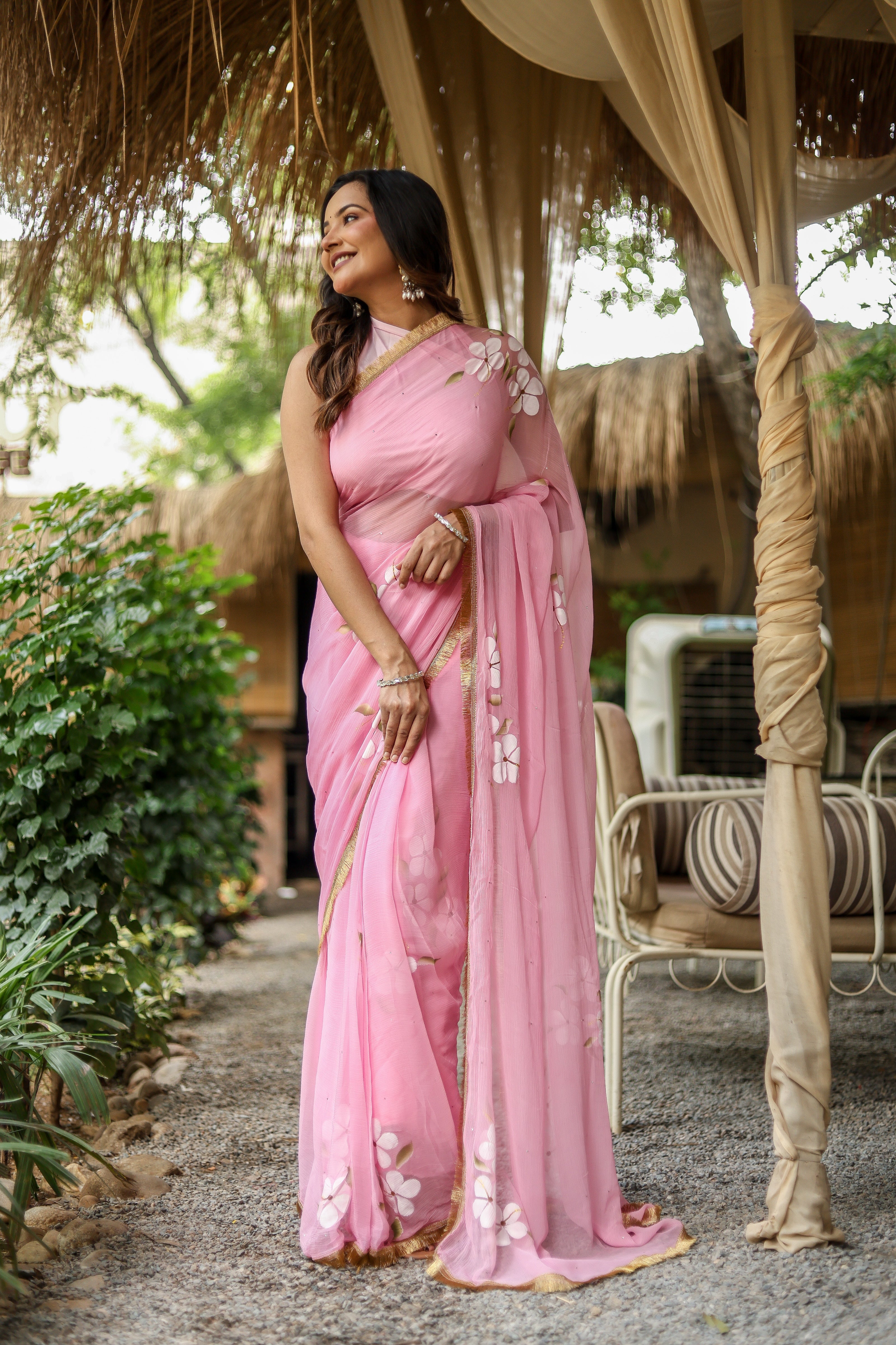 Blush Blossom (Pure Chiffon Hand Painted Saree)