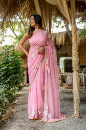 Blush Blossom (Pure Chiffon Hand Painted Saree)