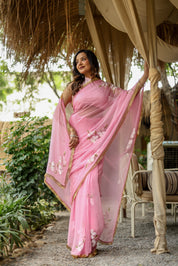 Blush Blossom (Pure Chiffon Hand Painted Saree)