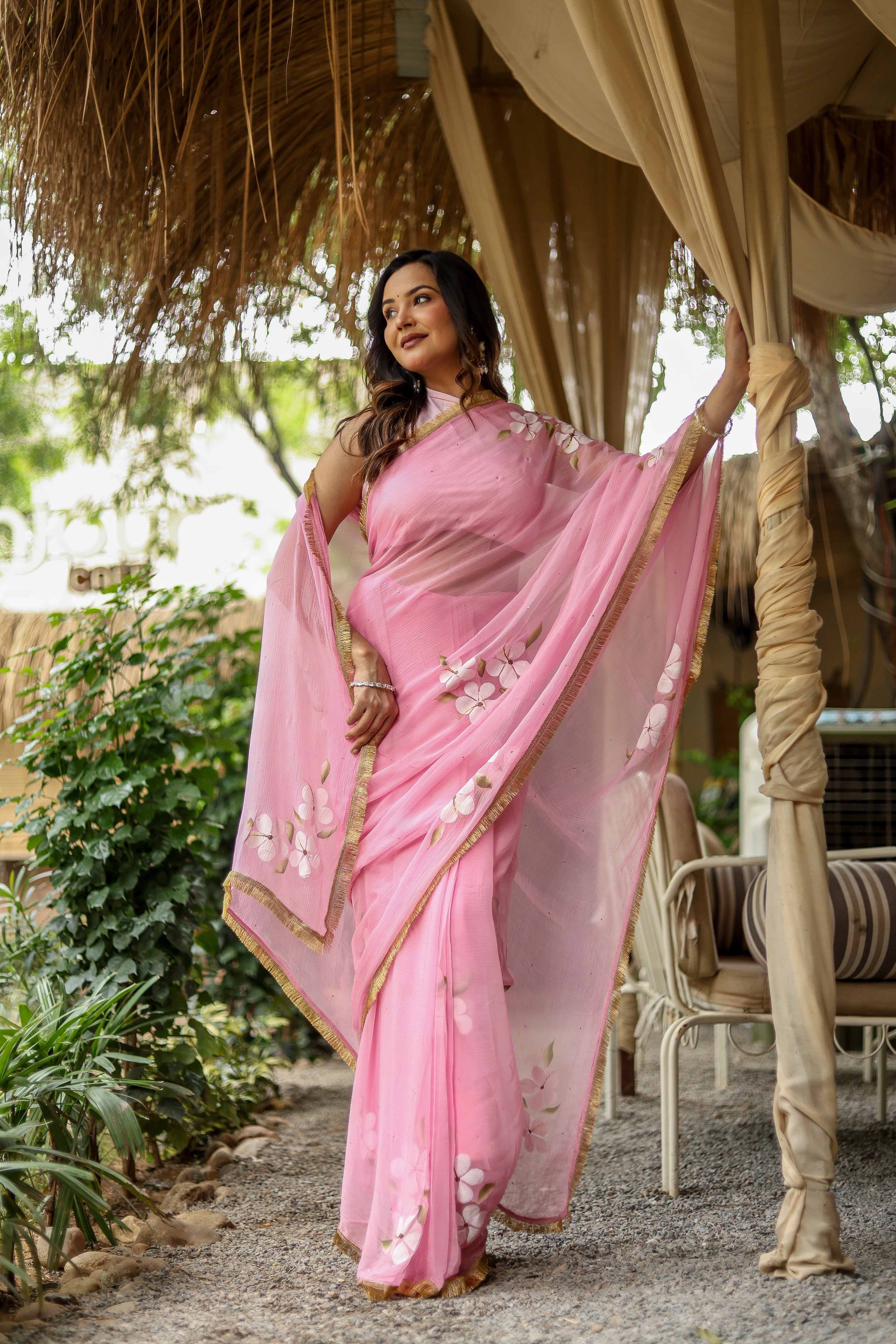 Blush Blossom (Pure Chiffon Hand Painted Saree)
