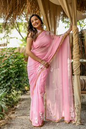 Blush Blossom (Pure Chiffon Hand Painted Saree)