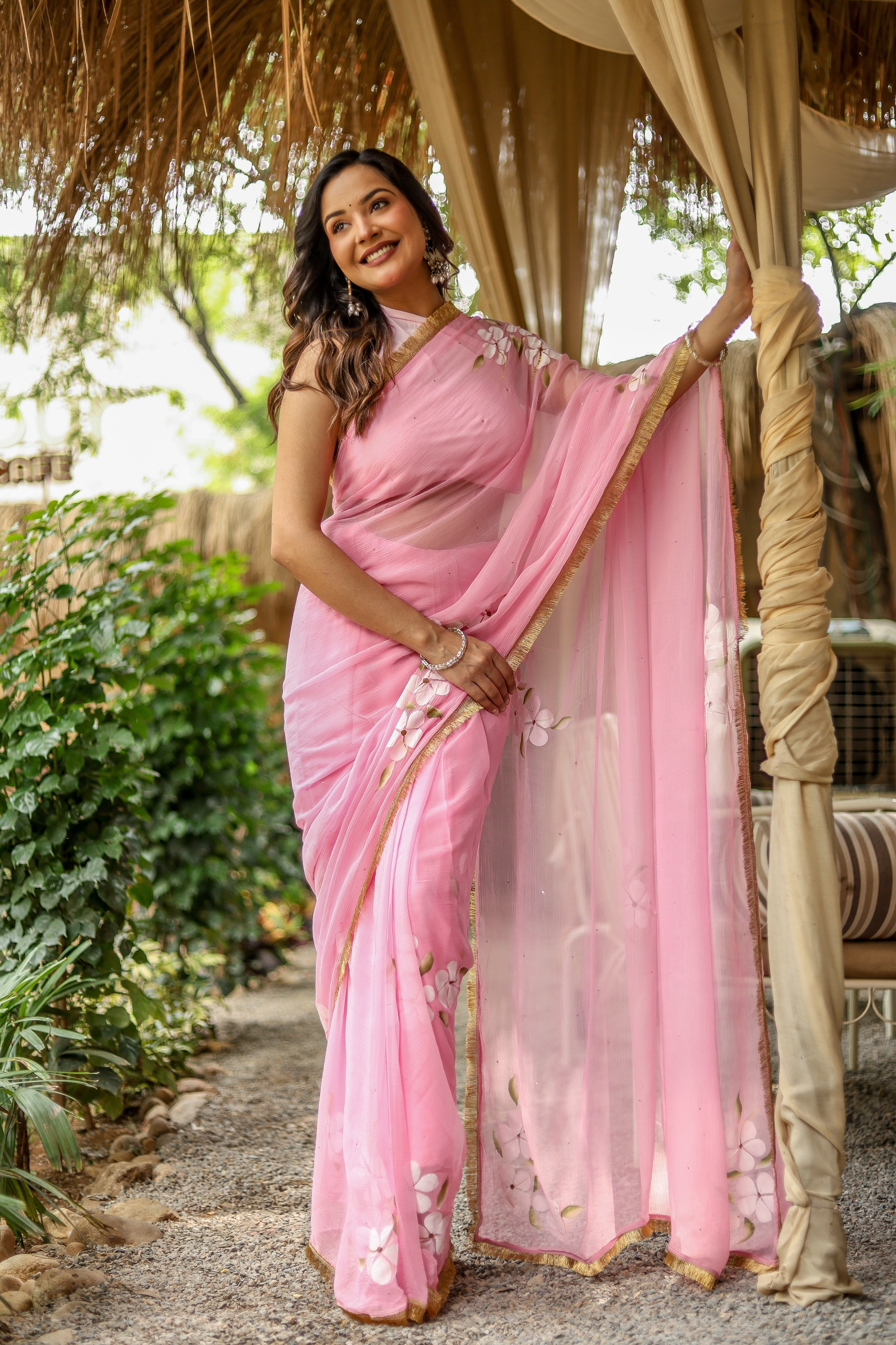 Blush Blossom (Pure Chiffon Hand Painted Saree)