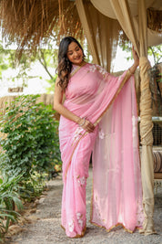 Blush Blossom (Pure Chiffon Hand Painted Saree)