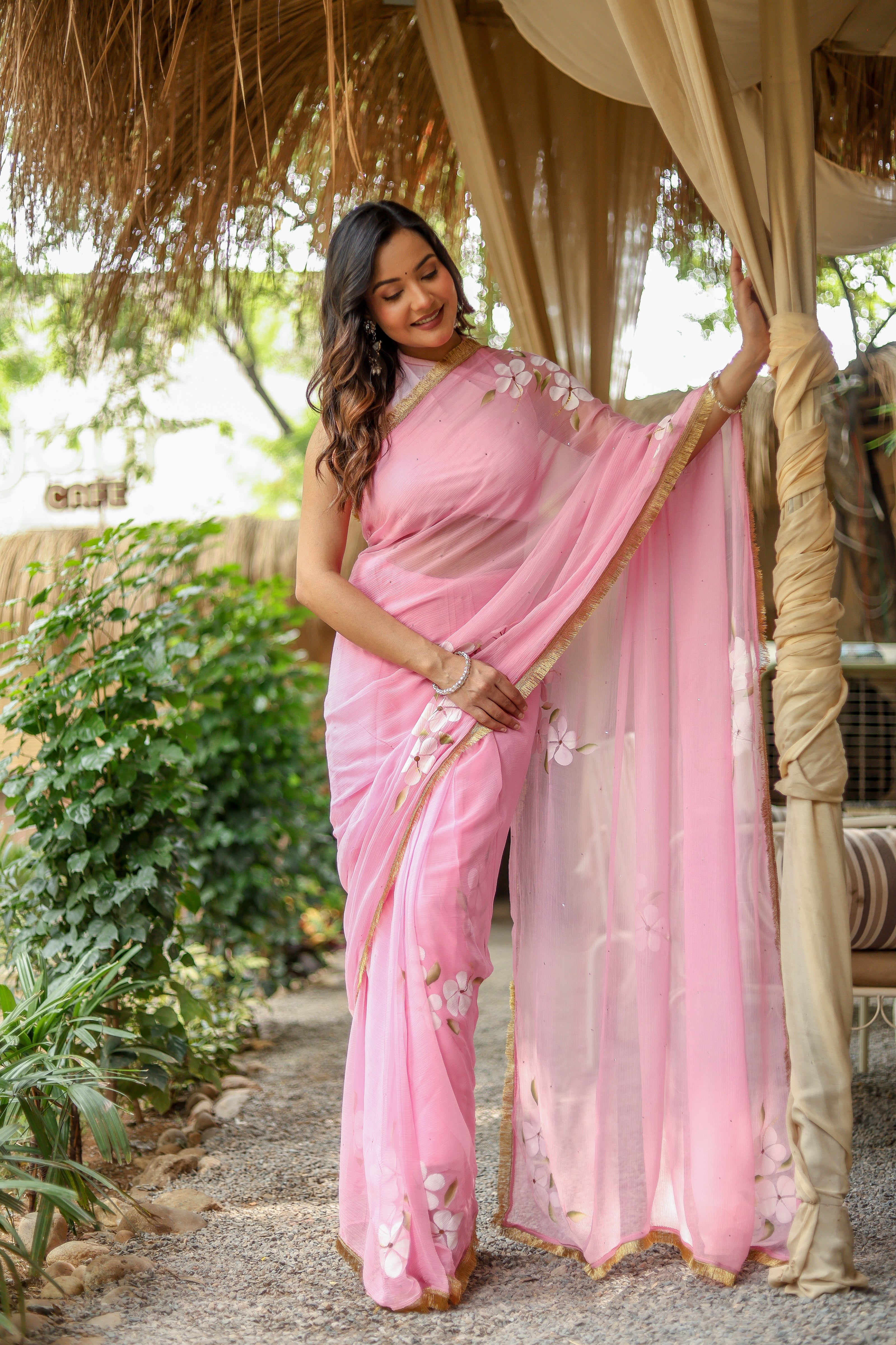 Blush Blossom (Pure Chiffon Hand Painted Saree)
