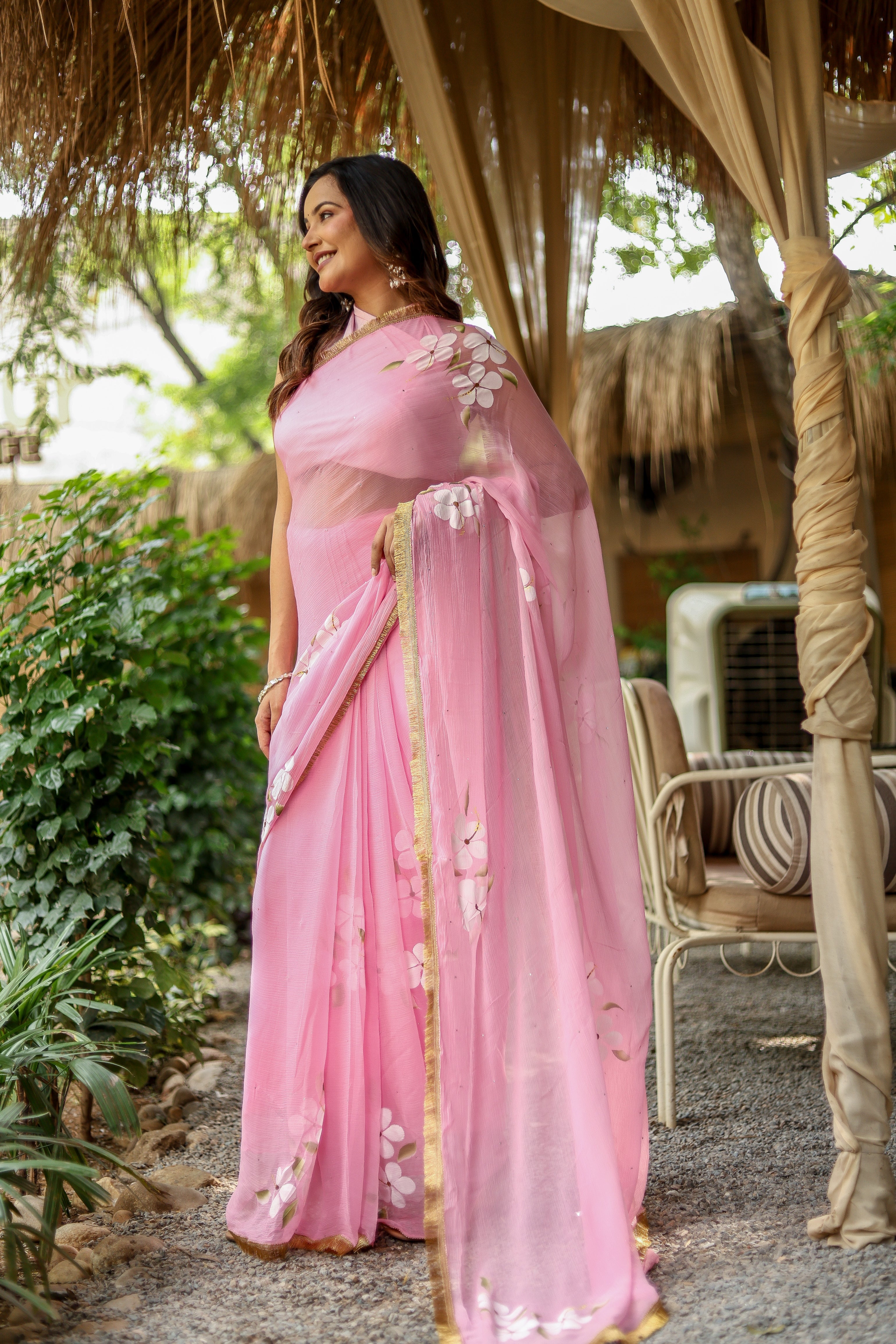 Blush Blossom (Pure Chiffon Hand Painted Saree)