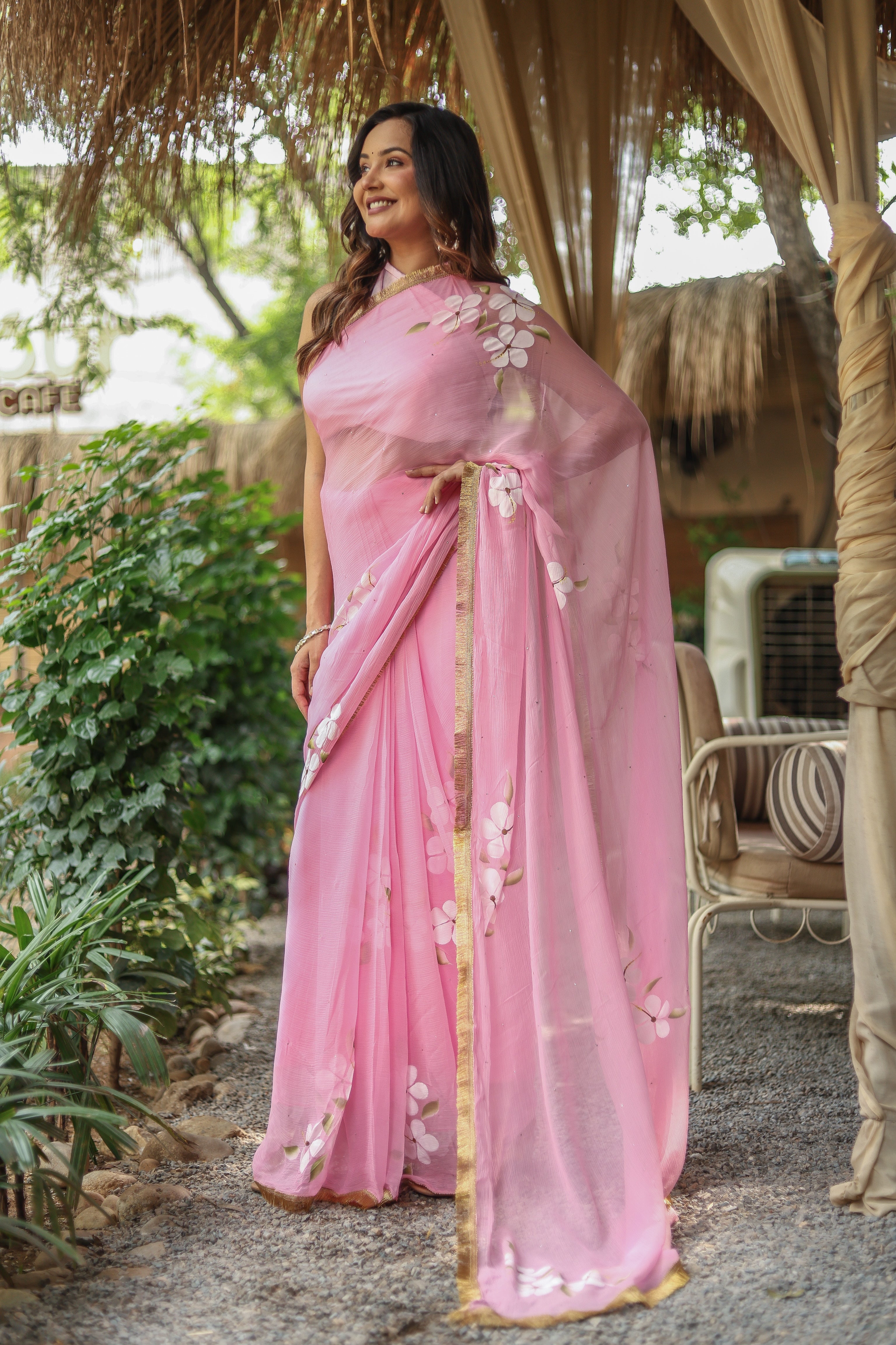 Blush Blossom (Pure Chiffon Hand Painted Saree)