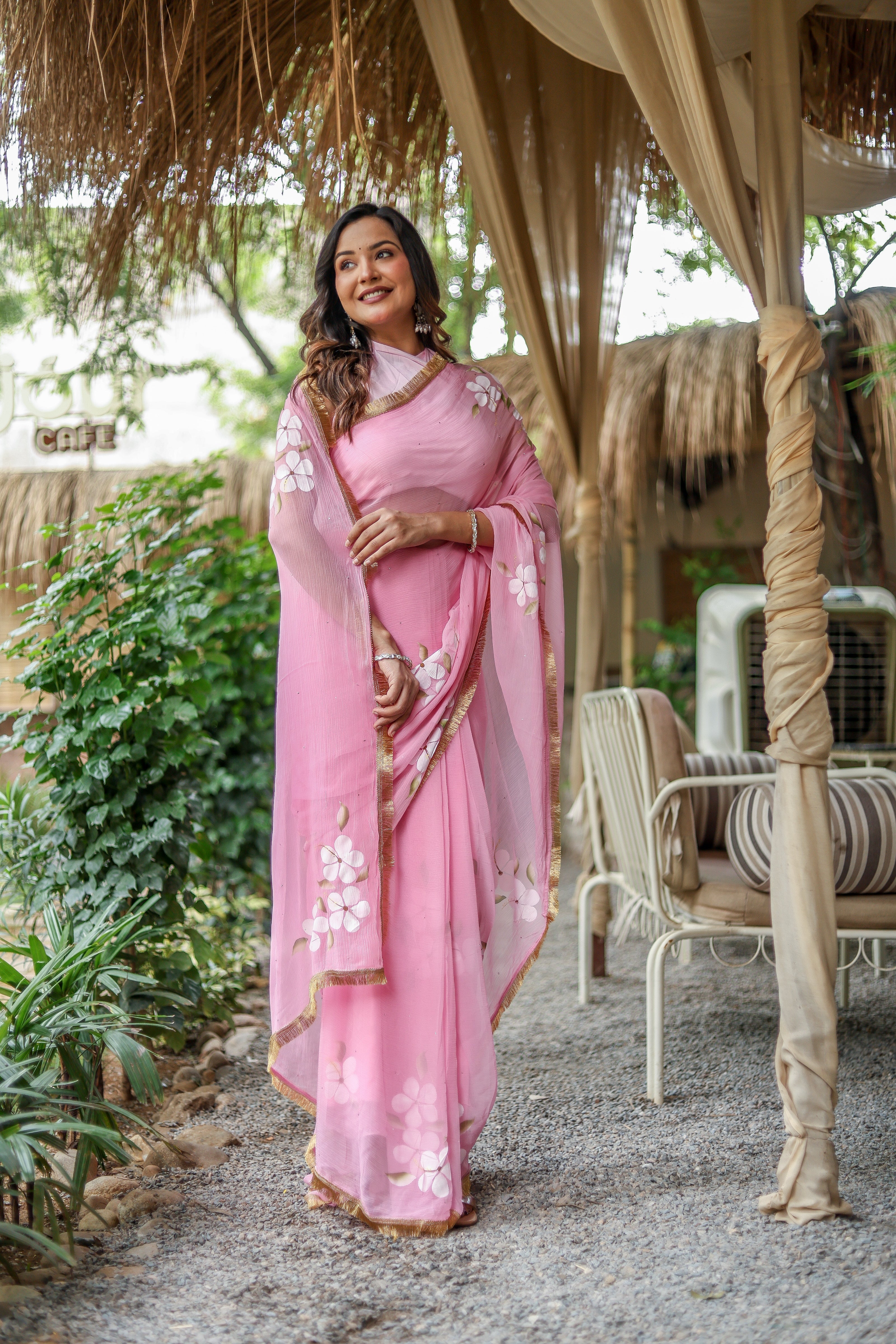 Blush Blossom (Pure Chiffon Hand Painted Saree)