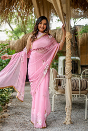 Blush Blossom (Pure Chiffon Hand Painted Saree)