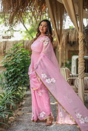 Blush Blossom (Pure Chiffon Hand Painted Saree)
