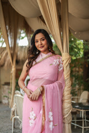 Blush Blossom (Pure Chiffon Hand Painted Saree)