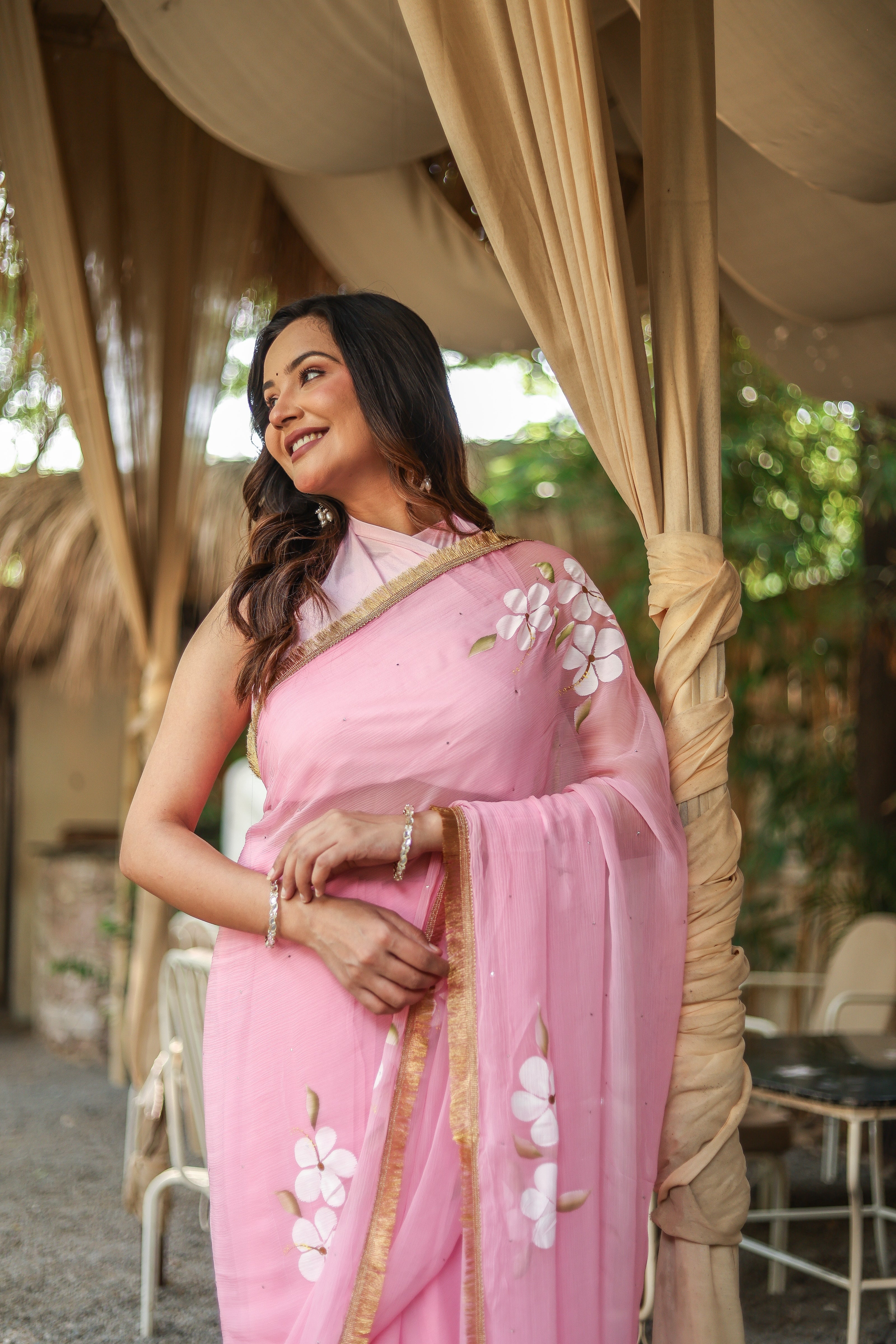Blush Blossom (Pure Chiffon Hand Painted Saree)