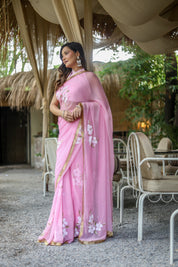 Blush Blossom (Pure Chiffon Hand Painted Saree)
