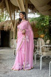 Blush Blossom (Pure Chiffon Hand Painted Saree)
