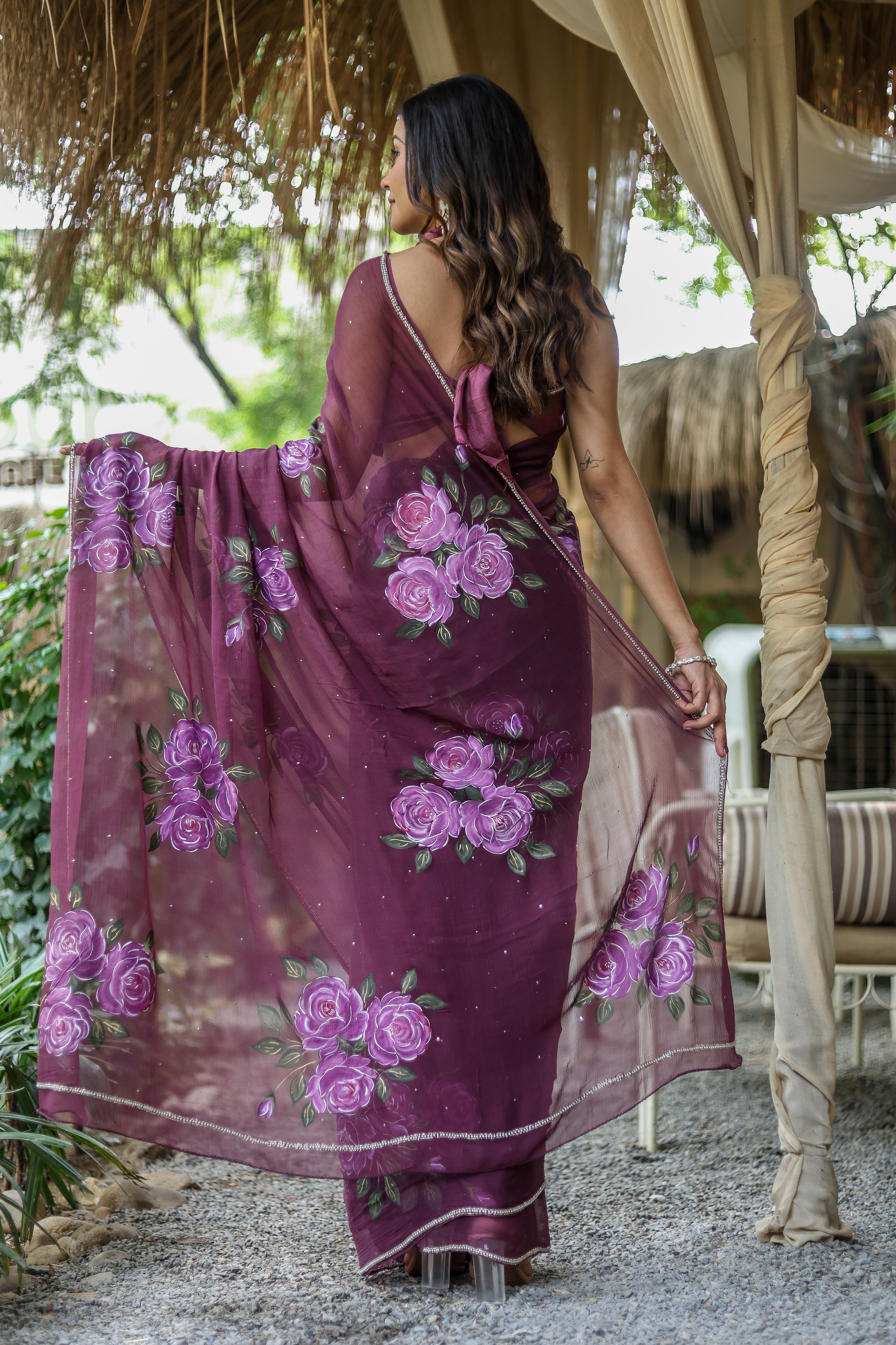 Amethyst Bloom (Handpainted & Hand-Embroidered Chiffon Saree)